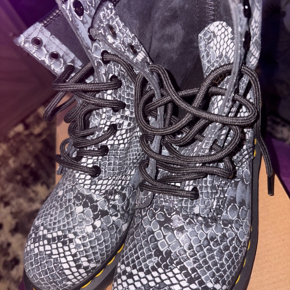 Dr. Martens Black and Gray Snake Print Combat Boots